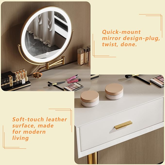 Vanity Desk with Adjustable Mirror and Lights, Makeup Desk with Drawers and Chair, Dressing Table Set with Leather Surface, Small Vanity Table for Bedroom, 3 Lighting Modes (Beige)