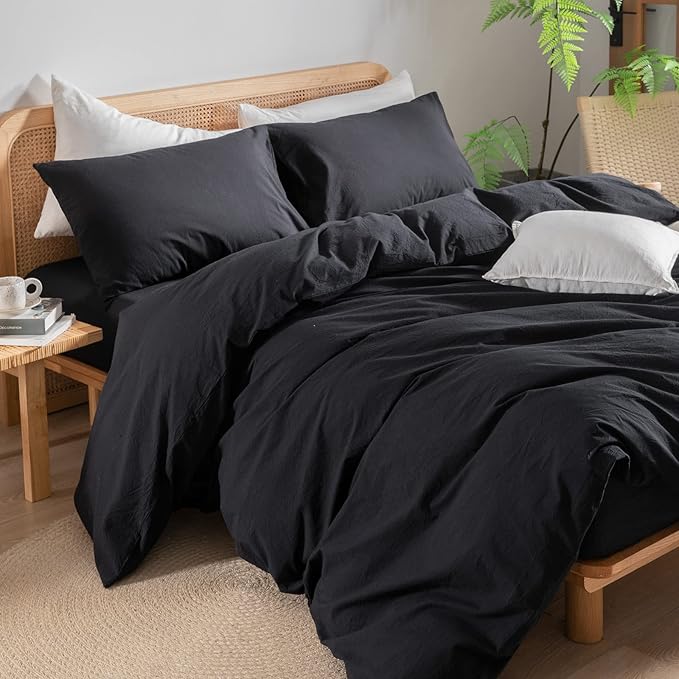 BESTOUCH Duvet Cover Set 100% Washed Cotton Linen Feel Super Soft Comfortable Chic Lightweight 3 PCs Home Bedding Set Solid Deep Black Oversized King