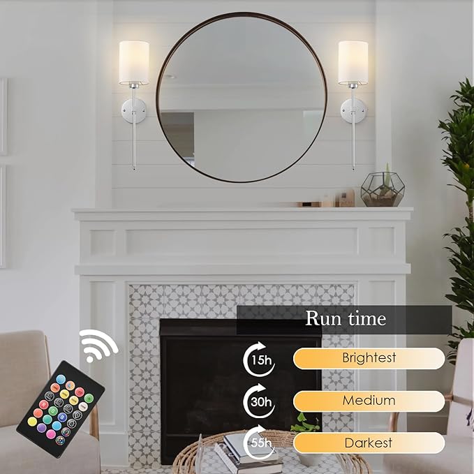 Battery Operated Wall Sconces Set of Two, with Remote Control, Dimmable, 4 Color Temperatures, RGB, Timer, Wireless Rechargeable Wall Light for Living Room, Bedroom, Fireplace, 23.6 Inch, Chrome