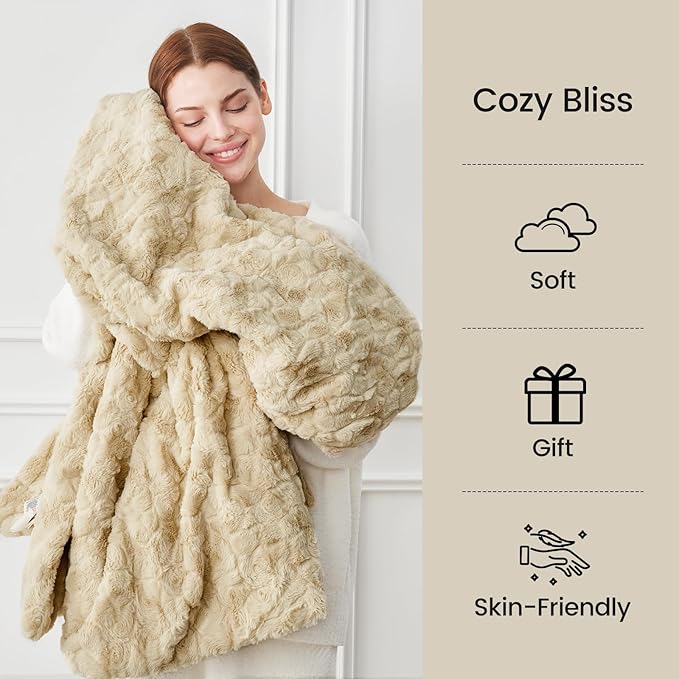 Cozy Bliss Faux Fur Throw Blanket for Couch, Fuzzy Soft Plush Thick Warm Fluffy Reversible Wave Textured Blanket for Sofa Bedroom Living Room, 55 * 70 Inches Kahki