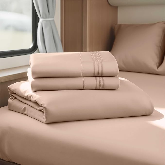 Clara Clark Bed Sheets, Premier 1800 Series 4 Piece RV Queen Sheet Set, Luxury Soft Sheets for RV Bunks, Short Queen - Taupe Sand