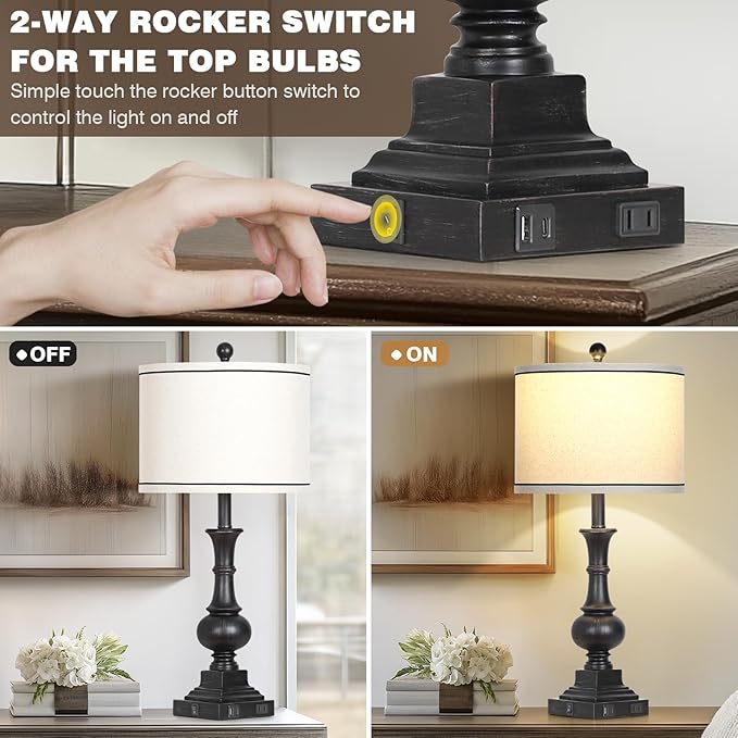Farmhouse Lamps Set of 2, Vintage Rustic Black Table Lamps with USB A+C Fast Ports & AC Outlets, Traditional Nightstand Bedside Lamp for Living Room Bedrooms Home Office(2 LED Bulbs Included)