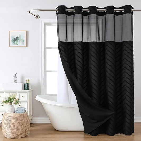 Extra Long No Hook Tufted Chevron Striped Shower Curtain with Snap-in Fabric Liner set-71Wx86H(84H),Black Hotel Grade Boho Style Shower Curtain,Water Repellent