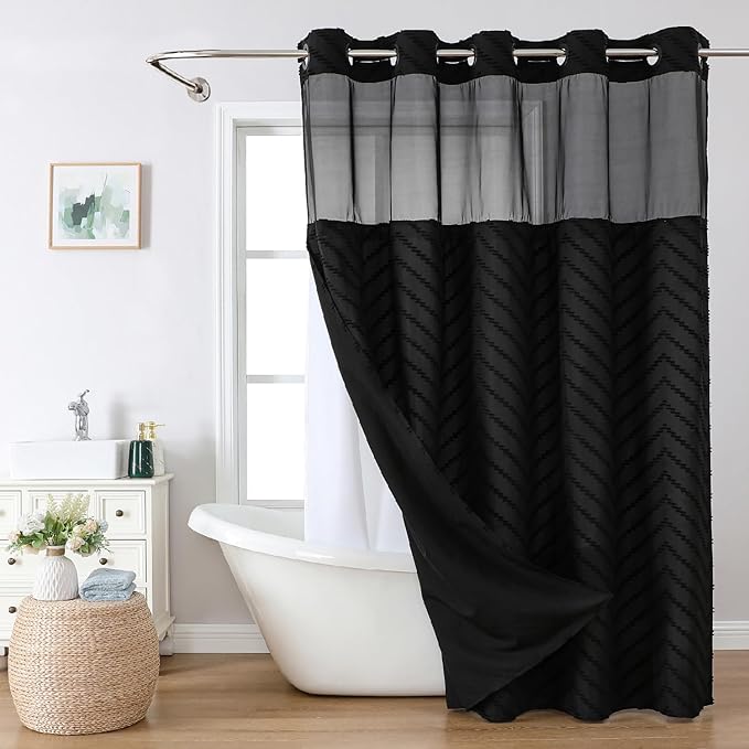Extra Long No Hook Tufted Chevron Striped Shower Curtain with Snap-in Fabric Liner set-71Wx98H(96H),Tall Hotel Grade Boho Style Shower Curtain,Water Repellent,Black