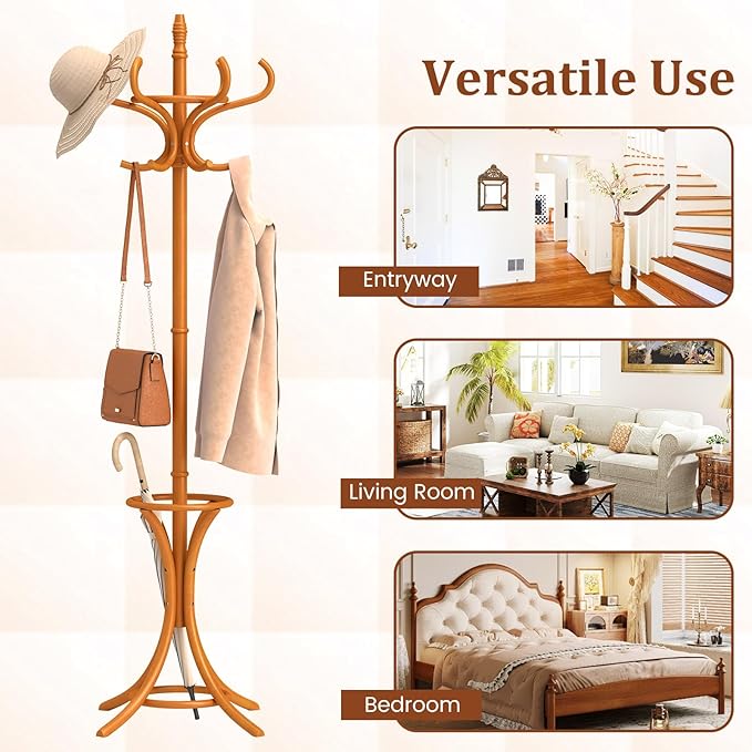 Tangkula Coat Rack with Umbrella Holder, 73 Inch Freestanding Coat Hanger Stand with 12 Hooks, Wooden Entryway Coat Tree for Clothes, Bags, Hats, Scarves, Living Room, Bedroom, Hallway (Natural)