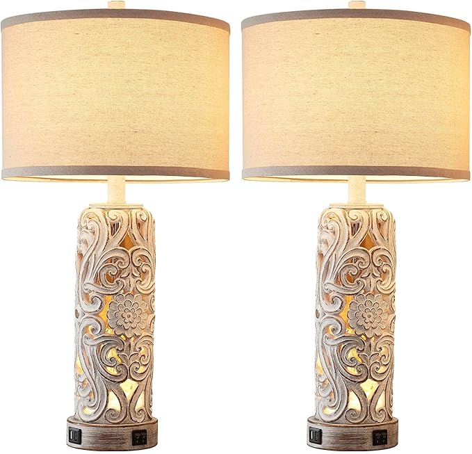 RORIANO Set of 2 Rustic Farmhouse Table Lamps for Living Room Bedroom, Vintage Bedside Lamp with Dual USB Port, Antique White Resin Retro Nightstand Lamps with Night Light