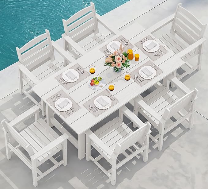 SERWALL 7-Piece Patio Dining Table Sets, Outdoor HDPE Dining Furniture Set with Umbrella Hole Cut-Out Table and 6 Chairs, White