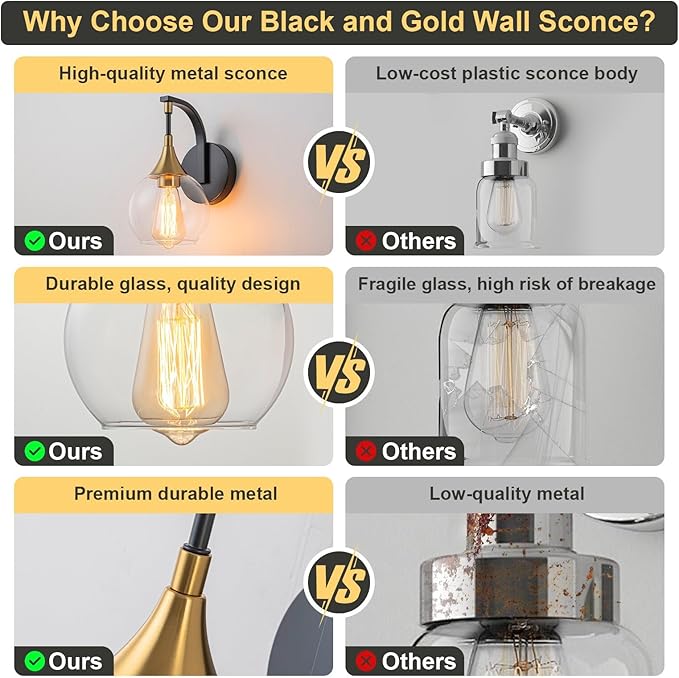 Black and Gold Wall Sconces Set of Two, Modern Wall Sconce Light with Clear Glass Shade,Indoor Wall Light Fixture Wall Lamps for Bedroom, Hallway, Bathroom