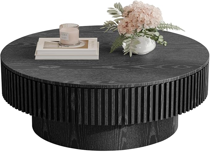 Round Coffee Table for Living Room, Accent Fluted Drum Coffee Table with Storage, Modern Solid Wood Veneered Circle Center Tea Table for Small Space Apartment (31.5''D×14''H-Black)