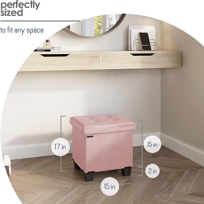 STORAGEBUD Storage Ottoman Cube with Small Bin, 16-in Square Ottoman with Storage for Living Room and Bedroom, Small Ottomans Foot Rest, Faux Leather Foot Stools Ottomans Max 330lbs, Pink