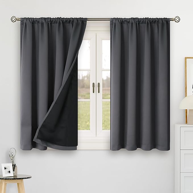 BGment Dark Grey 100% Blackout 48 Inch Curtains for Small Window, Rod Pocket and Back Tab Double Layer Black Out Thermal Insulated Room Darkening Curtain for Kitchen, 2 Panels, Each 42 x 48 Inch