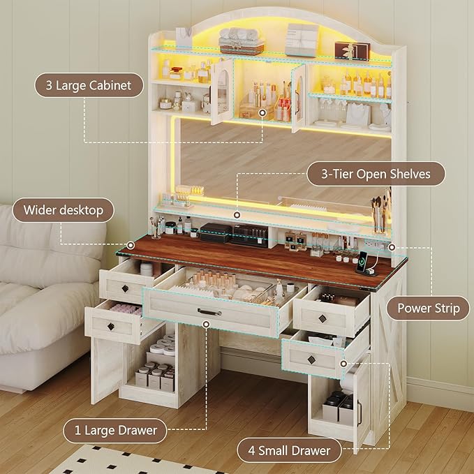 Farmhouse Makeup Vanity with Mirror and Lights 3 Colors, 76.8" Vanity Desk with 5 Drawer,Storage Cabinets,LED Light,Dressing Table with Power Outlets, Storage Shelves,Antique White