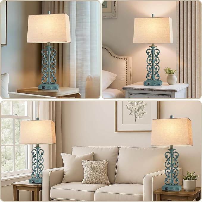 25" Set of 2 Touch Vintage Resin Table Lamps for Living Room, 3-Way Dimmable Nightstand Lamp with 2 USB Ports, Farmhouse Rustic Bedside Lamp for Entryway Bedroom End Table, 2 LED Bulb Included