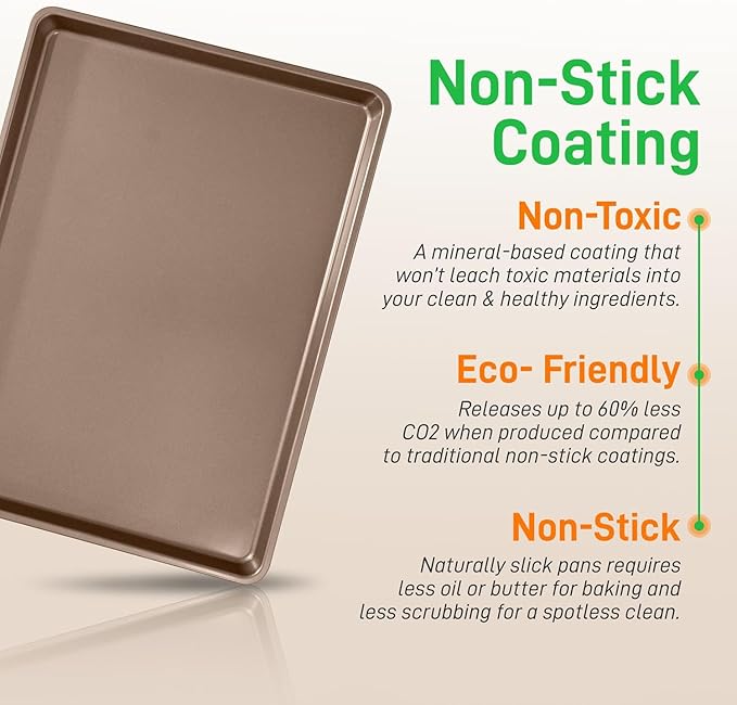 NutriChef 3-Piece Nonstick Baking Pans Set - Thick Carbon Steel Oven Bake Trays - Includes XL, Medium, & Small Sizes - Versatile Cookie Sheets for Baking & Roasting, Dishwasher Safe - Gold