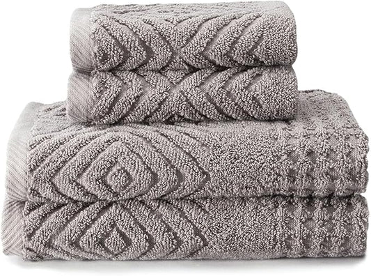 Texere 100% Organic Cotton Diamond Jacquard 700 GSM Luxury Bath Towel Sets - Ultra Soft and Absorbent Hotel and Spa Quality (Diamond, Cathedral Gray, 2 Hand & 2 Face Towels)