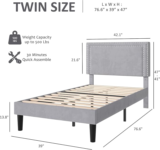 VECELO Twin Size Platform Bed Frame with Adjustable Upholstered Headboard, Strong Wood Slat Support, No Box Spring Needed, Easy Assembly