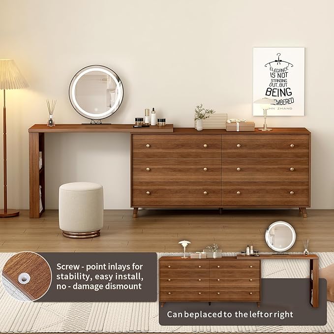 Makeup Vanity Desk Set with Full Aluminum HD Lighted Mirror and Stool, 60-100in Extendable Vanity Table, 6-Drawer Solid Wood Frame Chest, Dressing Table for Bedroom, Brown