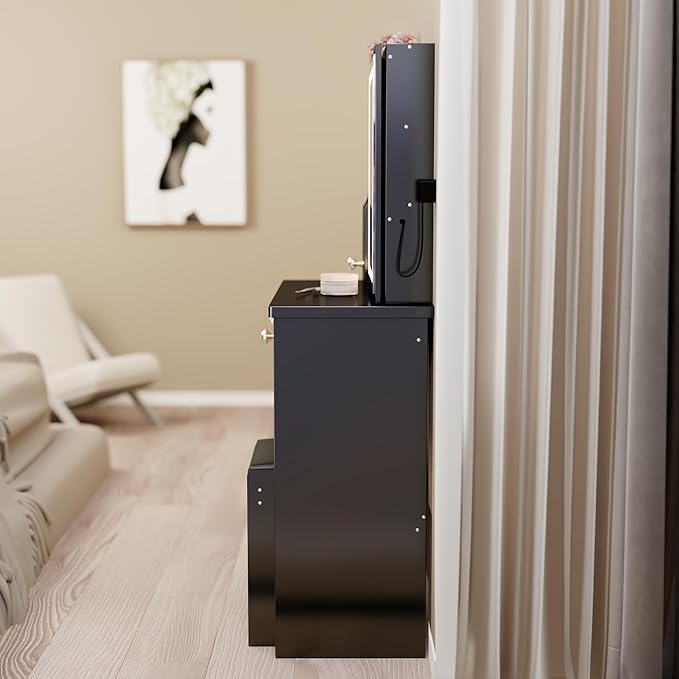 29.2" Small Vanity Desk with Mirror and Lights, Makeup Table with Led Lights and Sliding Mirror, 3 Lighting Colors, Vanity Set with 5 Drawers and Stool for Small Space Bedroom, Black