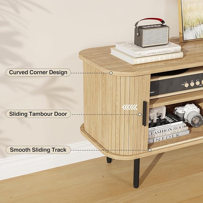 47" Natural Fluted TV Stand for TVs up to 60 Inch, Gaming Entertainment Center with Tambour Slatted Sliding Doors and Storage Cabinet, Media TV Consoles Table for Living Room, Office