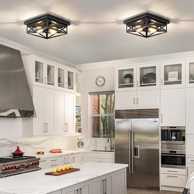 2Pack Flush Mount Ceiling Light Fixture,Black Farmhouse Kitchen Lighting Fixtures Ceiling Rustic Light Fixtures for Dining Room, Kitchen, Porch, Hallway, Entryway(Black & Gold Border)