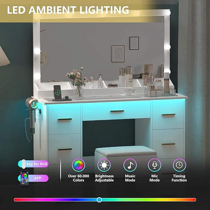 Makeup Vanity Desk with Large Lighted Mirror and Lights, Glass Top Vanity Table Set with 7 Drawers, Power Outlet & Storage Stool, Dressing Table with RGB Ambient Light for Women Girls Bedroom, White
