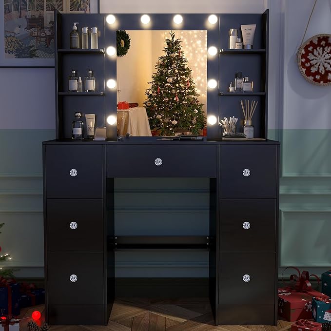 Makeup Vanity Desk with Mirror, Vanity Desk Set with Lights 3 Colors, 7 Drawers & 2 Storage Shelves, Large Vanity Table for Girls Bedroom, Black
