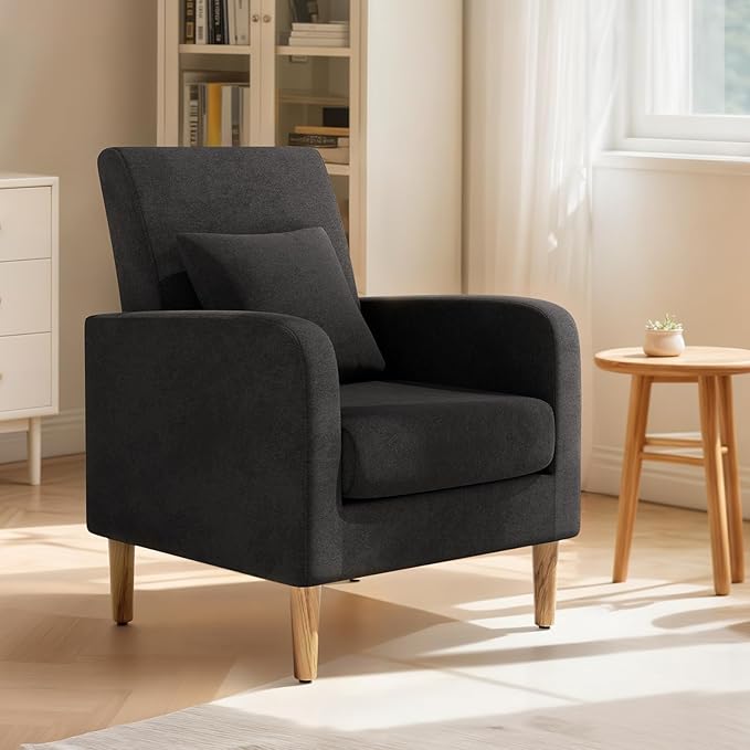 Magshion Mid-Century Accent Chair for Living Room, Comfy Reading Chair for Bedroom, Upholstered Linen Fabric Armchair Single Sofa with Back Pillow & Wood Legs, 300 lbs Capacity, Black