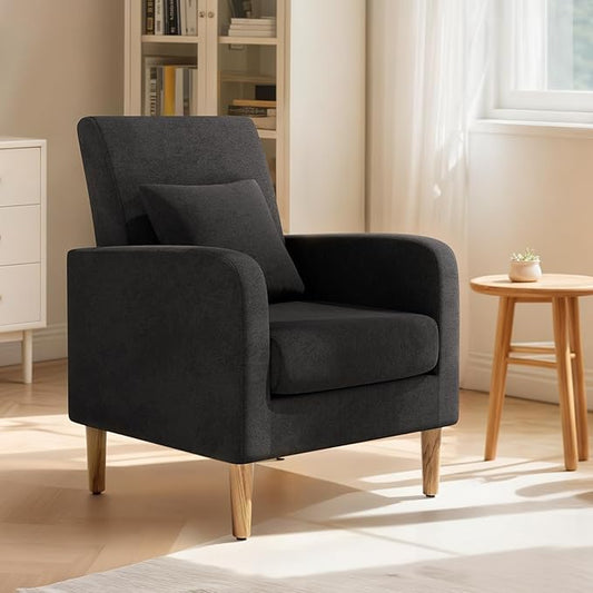 Magshion Mid-Century Accent Chair for Living Room, Comfy Reading Chair for Bedroom, Upholstered Linen Fabric Armchair Single Sofa with Back Pillow & Wood Legs, 300 lbs Capacity, Black