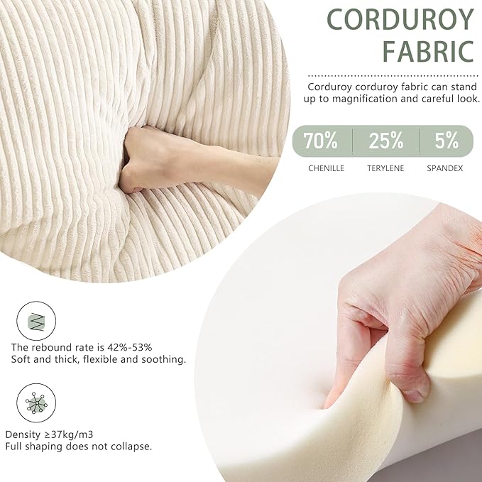 Corduroy Single Sofa Chair Modern Upholstered Accent Chair for Reading Comfy Living Room Chairs with Side Pocket Oversized Armchair for Bedroom, Office(Beige)