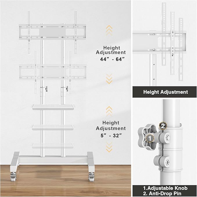 TVON Upgraded Mobile TV Stand on Wheels for 32-80 inch Flat Screen/Curved TVs up to 110 lbs, Height Adjustable Mobile TV Cart with Metal Laptop Shelf, Rolling TV Stand for Home and Office Use,White