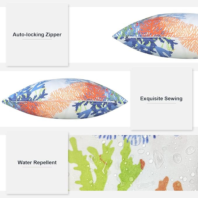 Outdoor/Indoor Lumbar Pillows, Water Repellent Cushion Pillows, 12x20 Inch, Outdoor Pillows with Inserts for Home Garden, Pack of 2, Coral Multi