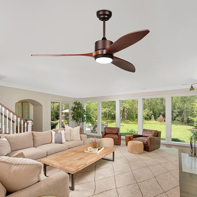 reiga 52 Inch Smart Wood Ceiling Fan with Light and Remote Control, Quiet DC Motor 3 Blades Propeller Ceiling Fans for Patio, Living Room, Farmhouse