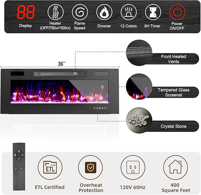 Ludatido 70 Inch TV Stand with 36 inch Electric Fireplace 27 LED Light Entertainment Center for TVs Up to 80" Black Modern Wood Media TV Console with Highlight Cabinet for Living Room Black