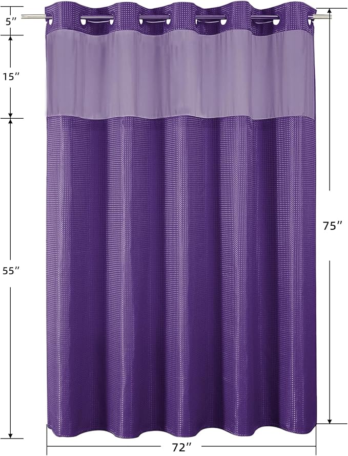 Colorful Star No Hook Shower Curtain with Snap in Fabric Liner, Waffle Weave Heavy Duty Thick Shower Curtains with Mesh Top Window, Hotel Style Waterproof Bathroom Curtain Set, 72 x 75 Inch, Purple