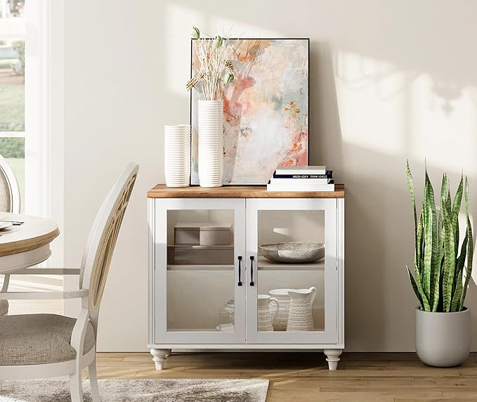 WAMPAT TV Stand for 43 Inch, Wood Console Table Storage Cabinet for Living Room, Kitchen Sideboard Buffet Cabinet With Glass Door for Dining Room, Off White