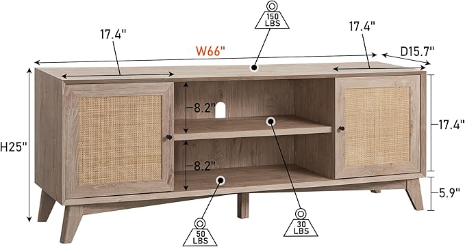 T4TREAM Rattan TV Stand for 75 Inch TV - Mid Century Modern Entertainment Center for Living Room, Large Boho Media TV Console with Storage Shelves, Oak