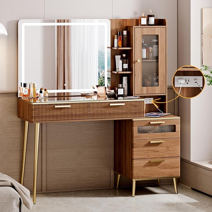 Vanity Desk with 29.53" HD Lighted Mirror, 47.24" Big Modern Vanity Desk with Mirror and Lights, Makeup Vanity with 5 Drawers and Storage Shelves and Charging Station, Brown