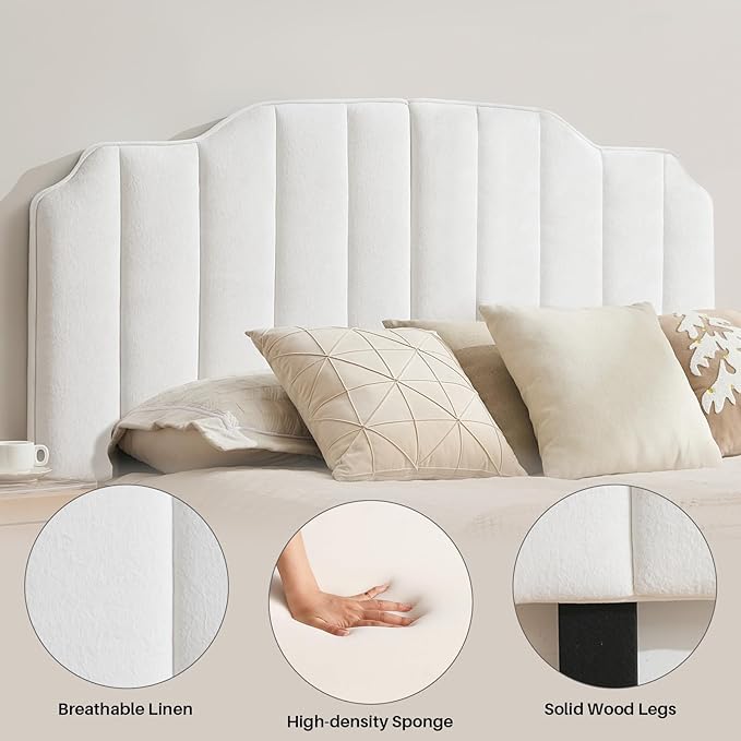 Queen Size Headboard White Upholstered Headboard Adjustable Height&Width Velvet Headboards Modern Vertical Channel Design Bed Head Board, White