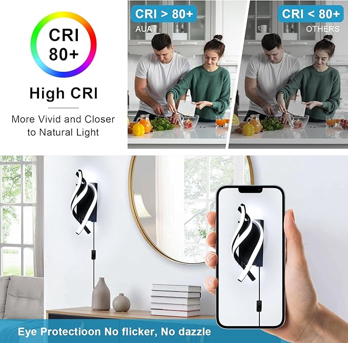 Modern LED Plug in Wall Sconce, 21W Black Indoor Wall Lights with Plug and Switch, Wall Lamps for Living Room, Bedroom, Hallway, Stairway, 6500K Wall Mounted Light