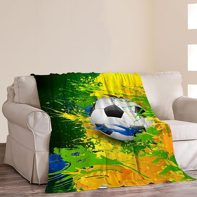 Soccer Bedding Throw Blankets - Cozy Fleece Flannel Soft Warm Plush Lightweight Football Decor - Gifts for Boys, Men, Girls, Adults, Teens, Kids - Couch, Sofa, Bed - 60"X80"
