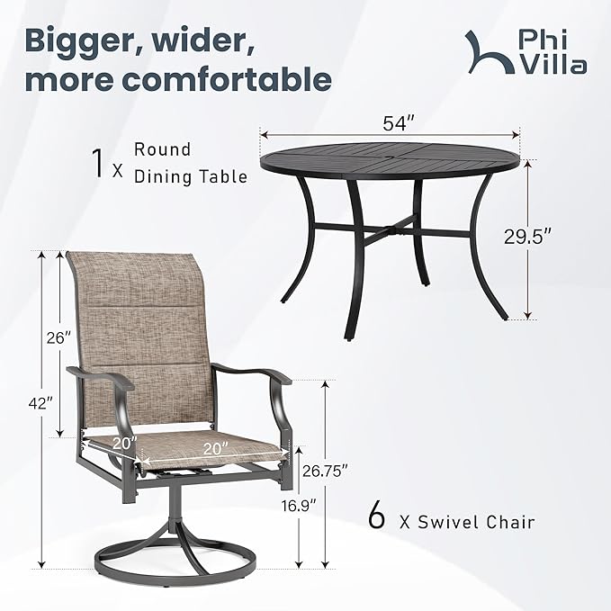PHI VILLA 7 Piece Outdoor Patio Dining Set with 6 Padded High Back Patio Swivel Chairs & 1 Large 54" Round Dining Table, All Weather Patio Table and Chairs for Lawn Deck Garden