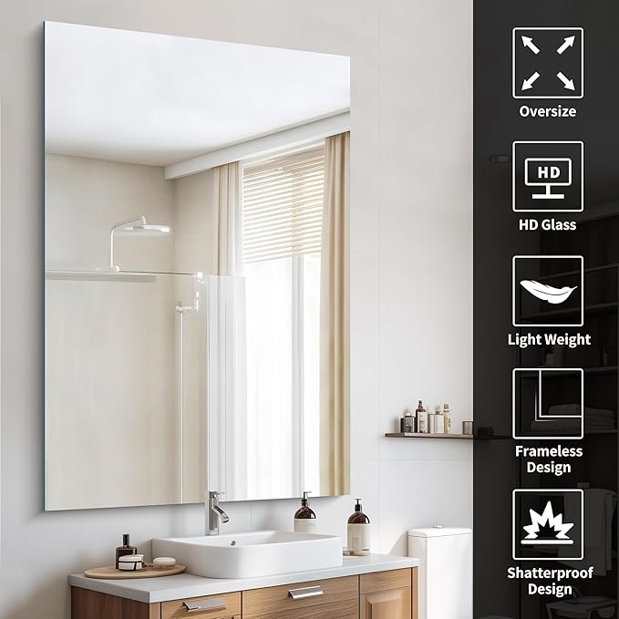 Large Frameless Mirror, 60x40 Bathroom Mirrors for Wall, Upgraded Shatterproof Rectangle Vanity Mirror Over Sink with Polished Edge for Bathroom,Bedroom,Living Room and Entryway