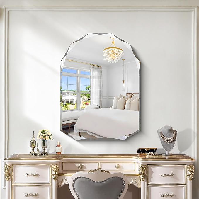 KOCUUY 30"x40" Frameless Mirror, Arched Shape with Diamond-Shaped Beveled Edge,Unframed Decorative with Upgraded Shatterproof Glass,Unique Frameless Mirror for Bathroom,Living Room,Bedroom