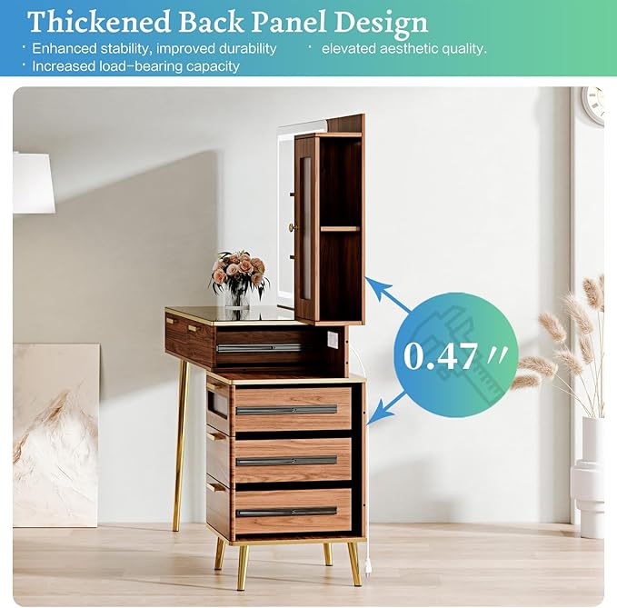 Vanity Desk with 29.53" HD Lighted Mirror, 47.24" Big Modern Vanity Desk with Mirror and Lights, Makeup Vanity with 5 Drawers and Storage Shelves and Charging Station, Walnut1