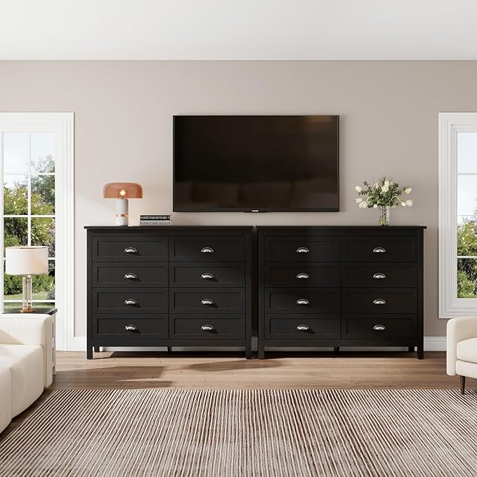 8 Drawer Dresser, Farmhouse Tall Dresser for Bedroom, Antique Black Chest of Drawers, Modern Double Dressers for Bedroom, Closet