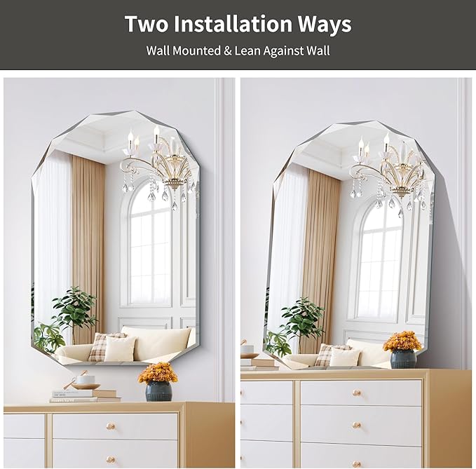 KOCUUY 26"x38" Frameless Mirror, Arched Shape with Diamond-Shaped Beveled Edge,Unframed Decorative with Upgraded Shatterproof Glass,Unique Frameless Mirror for Bathroom,Living Room,Bedroom