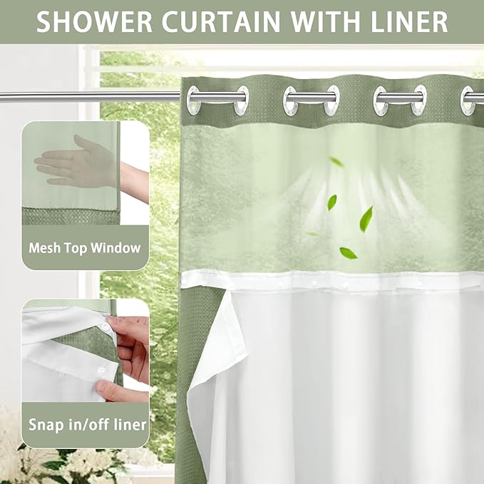 YellyHommy No Hook Shower Curtain with Snap in Liner Set Less Time Waffle Shower Curtain for Bathroom 75" L x 72" W Sage Green
