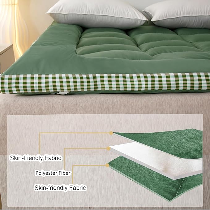 Thick Mattress Topper Full Size - Non-Slip Mattress Pad Cover for Back Pain Breathable Folding Sleeping Pad Machine Washable Mattress Protector (54x75 inch,Green)