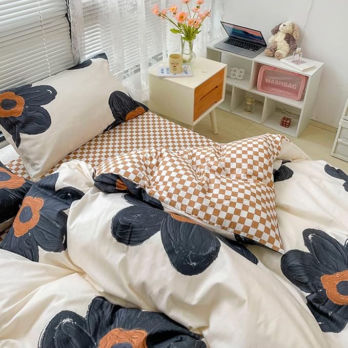 CLOTHKNOW Black Sunflower Queen Comforter Set Floral Bedding Comforter Sets Pumpkin Grid Comforter Soft Botanical Queen Comforter with 2 x Pillow Cases