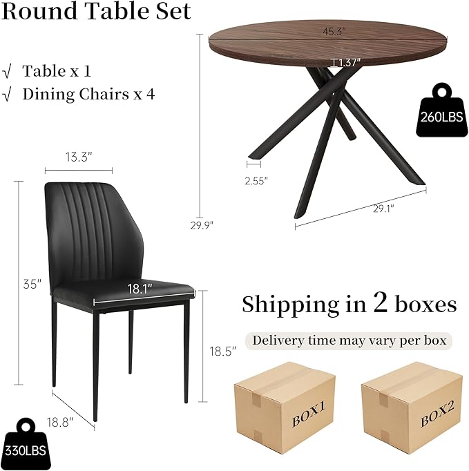 45.3'' Walnut Round Dining Table Set for 4, Mid Century Modern Small Coffee Set for Dining Room Kitchen Apartment (Walnut Table + 4 Black Chairs)